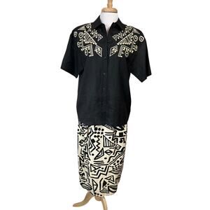 Vintage I.B. Diffusion Black Ivory Abstract Tribal Top & Skirt Outfit Set size 8